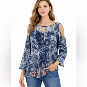 Absolutely Famous Blue Tie-Dye Cold Shoulder Top – Size Large